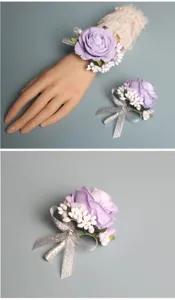 Artificial purple rose wrist corsage and boutonniere set for wedding bridal party decoration