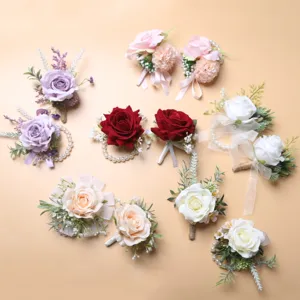 European Style Wedding Boutonniere Wrist Corsage Artificial Rose Silk Flower Ribbon Pearl Bride Groom Party Decor