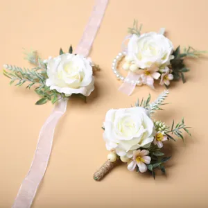 White rose wedding boutonniere and wrist corsage set, artificial bridal bridesmaid floral accessories.