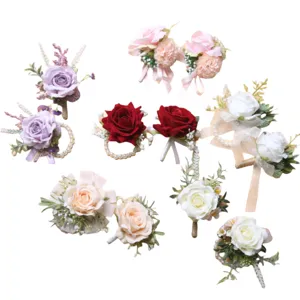 European style wedding groom corsage and bride wrist flower artificial rose set decor