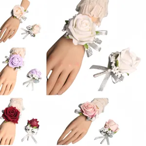 European Wedding Bridal Groom Boutonniere Artificial Rose Flower Wrist Corsage Bridesmaid Hand Flower Wedding Party Decor