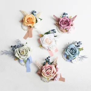 European Retro Artificial Rose Wrist Flower Boutonniere Wedding Bridesmaid Corsage Groom Brooch