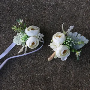 Conjunto de corsage de boda de rosa blanca artificial, estilo rústico de bosque imagen principal.