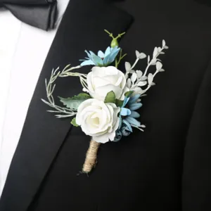 Elegant artificial white rose boutonniere with blue daisies for outdoor wedding groom suit decor