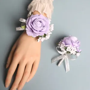 Purple rose wrist corsage and boutonniere set for wedding bride bridesmaid party decor.