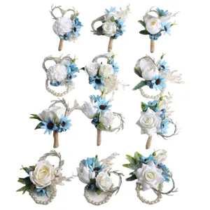 Artificial rose boutonniere and wrist corsage set for outdoor wedding and party decor.