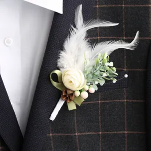 European Wedding Corsage Boutonniere Wrist Flower Artificial Silk Rose Feather Leaf Party Prom Suit Decor