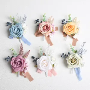 Artificial rose flower boutonniere wedding corsage wrist flower set for bride and groom.