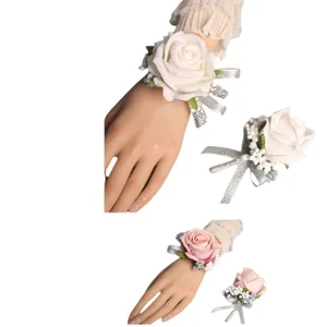Wedding white pink rose wrist corsage boutonniere set with silver ribbon for bridal party.