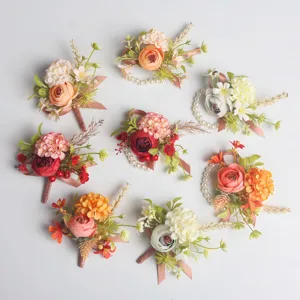 European Wedding Groom Groomsmen Corsage Bride Bridesmaids Pearl Wrist Flower Artificial Silk Rose Formal Wear Suit Accessories