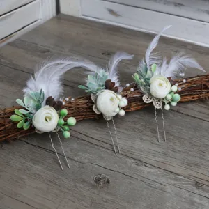 Elegant white rose feather hairpins rustic wedding bridal party hair accessories floral pins