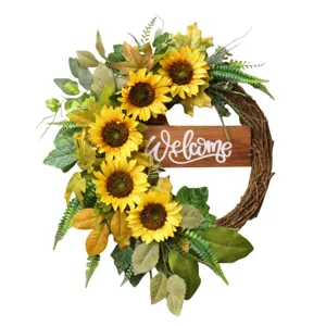 Ghirlanda di girasoli artificiali decorazione murale rustica con insegna in legno di benvenuto