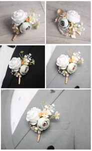 White green rose corsage wrist flower set for wedding party business event celebration ceremony.