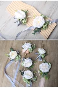 Ensemble de boutonnières et fleurs de poignet en roses blanches artificielles pour mariage.