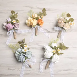 Artificial wedding boutonniere set with roses, eucalyptus leaves, lace bow, multi-color.