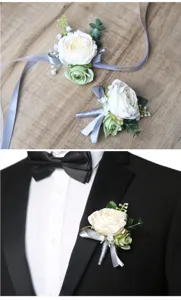 Ensemble de corsage et fleur de poignet de rose blanche artificielle avec ruban gris pour mariage.