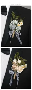 Artificial flower boutonniere with lace bow for wedding business suit lapel decor.