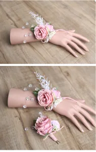 Rosa fiore da polso in rosa artificiale e set boutonnieres per feste nuziali sposa.