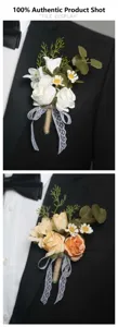 Artificial rose boutonniere wedding business corsage lapel flower with lace ribbon detail.