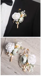 White green forest style rose boutonniere and wrist corsage set for wedding party suit decoration.