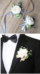 Ensemble de corsage et boutonnière de mariage en roses blanches artificielles avec rubans.