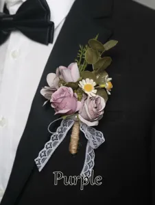 Artificial rose boutonniere with lace bow for wedding groom suit tuxedo lapel pin decoration