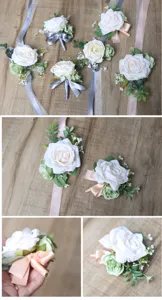 Ensemble de fleurs de poignet et corsage de mariage en rose blanche artificielle pour mariés.