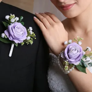Conjunto de botonera y corsage de muñeca con rosa violeta boda accesorios novios