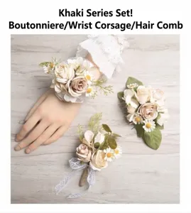 Khaki artificial flower set including boutonniere, wrist flower, and hair comb for wedding events.