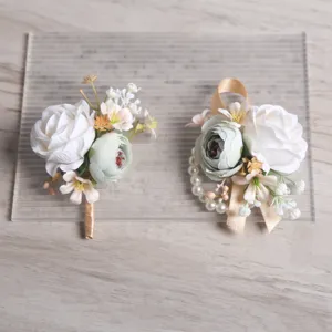 White Green Rose Artificial Silk Flower Boutonniere Wrist Corsage Set For Wedding Party Celebration Floral Decor