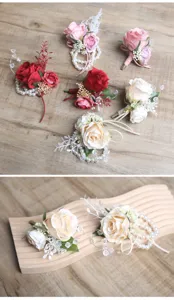 Elegante set di corsage e fiore da polso da sposa in rosa artificiale per matrimonio e damigelle.
