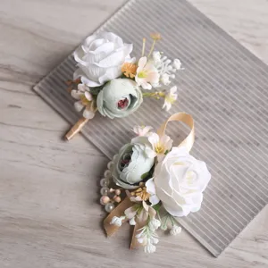 Artificial rose wrist corsage and boutonniere set for wedding bridesmaid party event decor