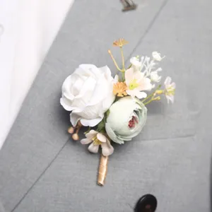 White green artificial rose boutonniere for wedding suit groom groomsmen prom party corsage flower