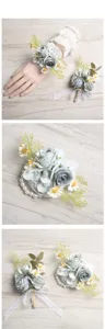 Artificial grey-blue rose corsage and wrist flower set with lace pearls for wedding party.