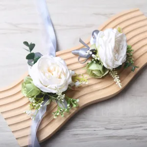 Mariage Européen Marié Garçon d'Honneur Corsage Mariée Demoiselle d'Honneur Fleur de Poignet Rose Blanche Artificielle Accessoire Floral