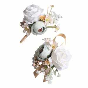White green forest style artificial rose flower boutonniere and wrist corsage set for wedding party.