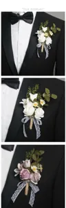 Elegant artificial flower boutonniere detail view with lace bow for wedding business event.