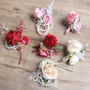 Fatto a Mano Tessuto Rosa Boutonniere Polso Corsage Perla Perla Festa di Matrimonio Abito da Sposa Cappello Fiore Decorativo Accessorio