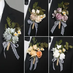 Artificial Silk Rose Flower Corsage Wrist Flower Wedding Party Business Suit Decoration Lace Bow Silk Flower