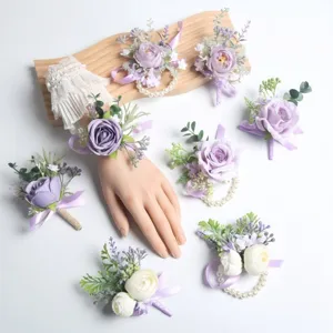Wedding purple rose wrist corsage and boutonniere set for groom best man party decoration