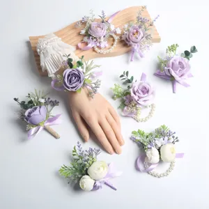 Wedding Boutonniere Wrist Corsage Set Silk Rose Flower Groom Groomsman Corsages Wedding Party Prom Suit Decoration