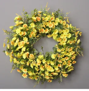 Artificial yellow daisy eucalyptus flower wreath for front door home decor hanging ornament