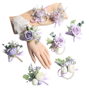 Wedding corsage wrist flower set purple rose boutonnieres party decor for groom and guests