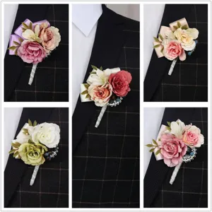 Set Boutonnière E Fiore Da Polso In Rosa Artificiale Tessuto Simulazione Accessori Floreali Matrimonio Per Sposo Damigella