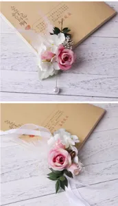 Romantic pink rose wedding corsage and wrist flower with forest style dried flowers and pinecones.