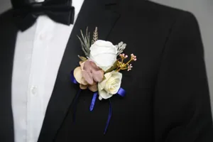 Wedding groom boutonniere artificial rose flower corsage blue ribbon suit decoration