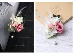 Pink rose wedding groom boutonniere with feather and pearl pin for men suit decoration.