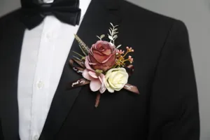 European style wedding artificial rose boutonnière for groom suit dress wedding floral decor.