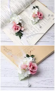 Detailed view of pink rose corsage and wrist flower with dried botanical accents for weddings.