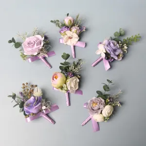 Purple Artificial Rose Flower Boutonniere Wrist Corsage Wedding Groom Groomsman Best Man Suit Brooch Pin Party Prom Flower Decoration